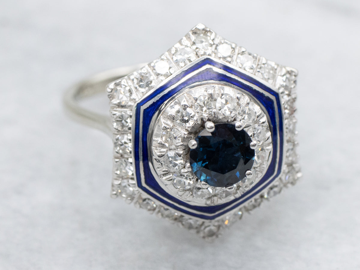 Contemporary Sapphire Enamel and Diamond Halo Ring