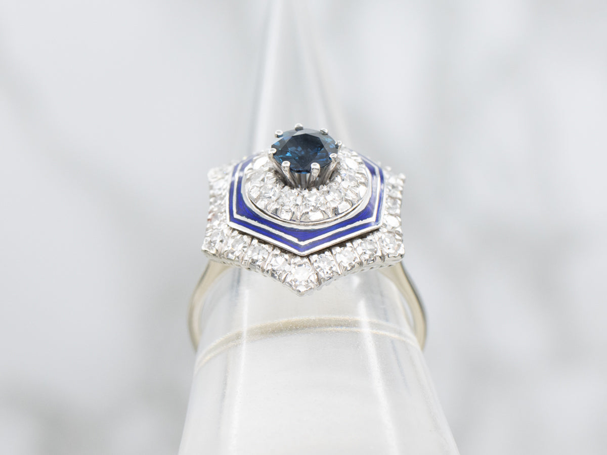 Contemporary Sapphire Enamel and Diamond Halo Ring