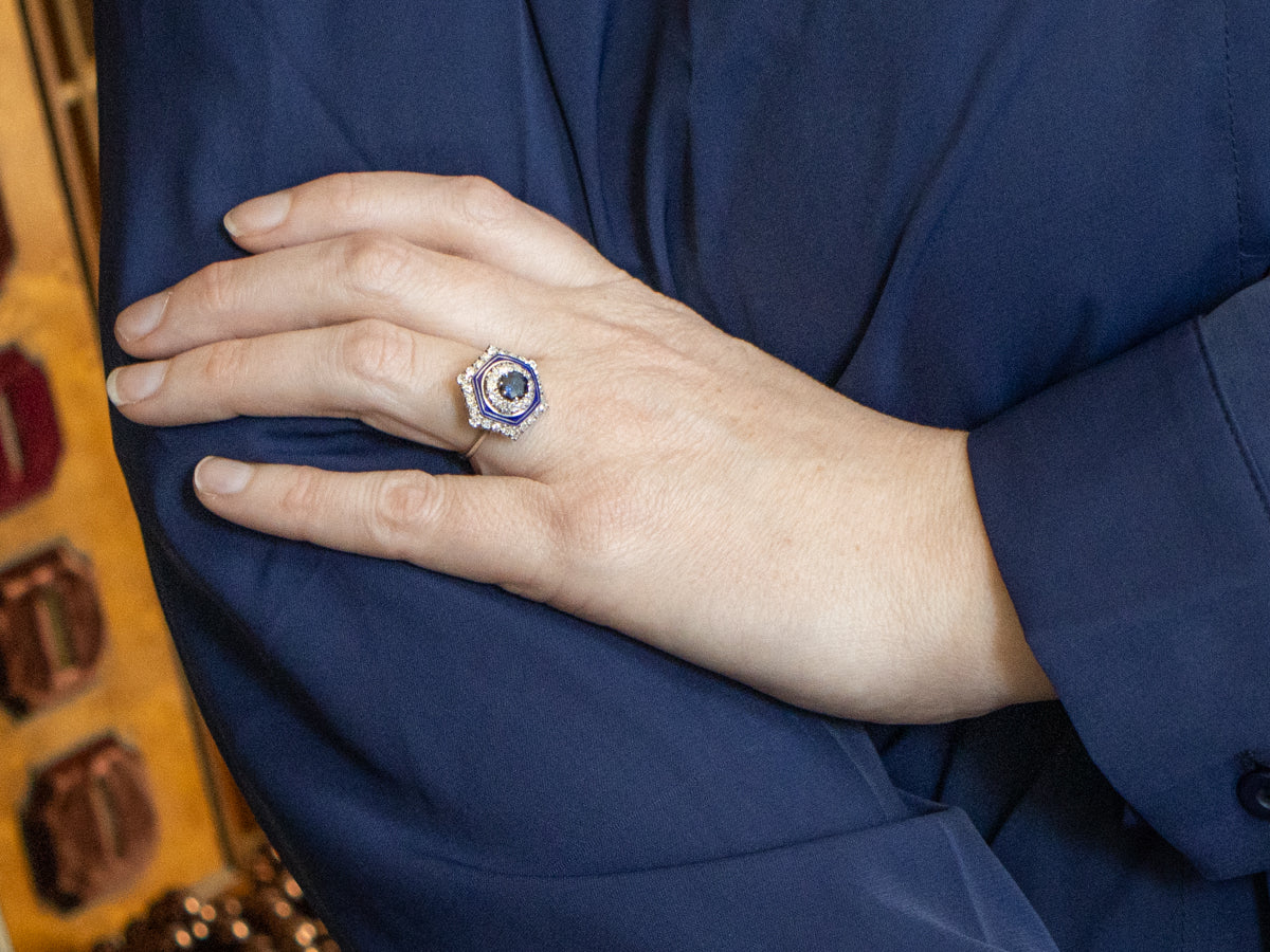 Contemporary Sapphire Enamel and Diamond Halo Ring