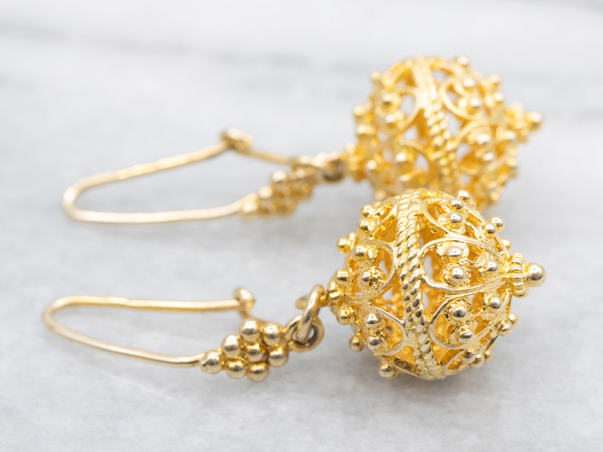 Ornate Gold Filigree and Bead Drop Earrings