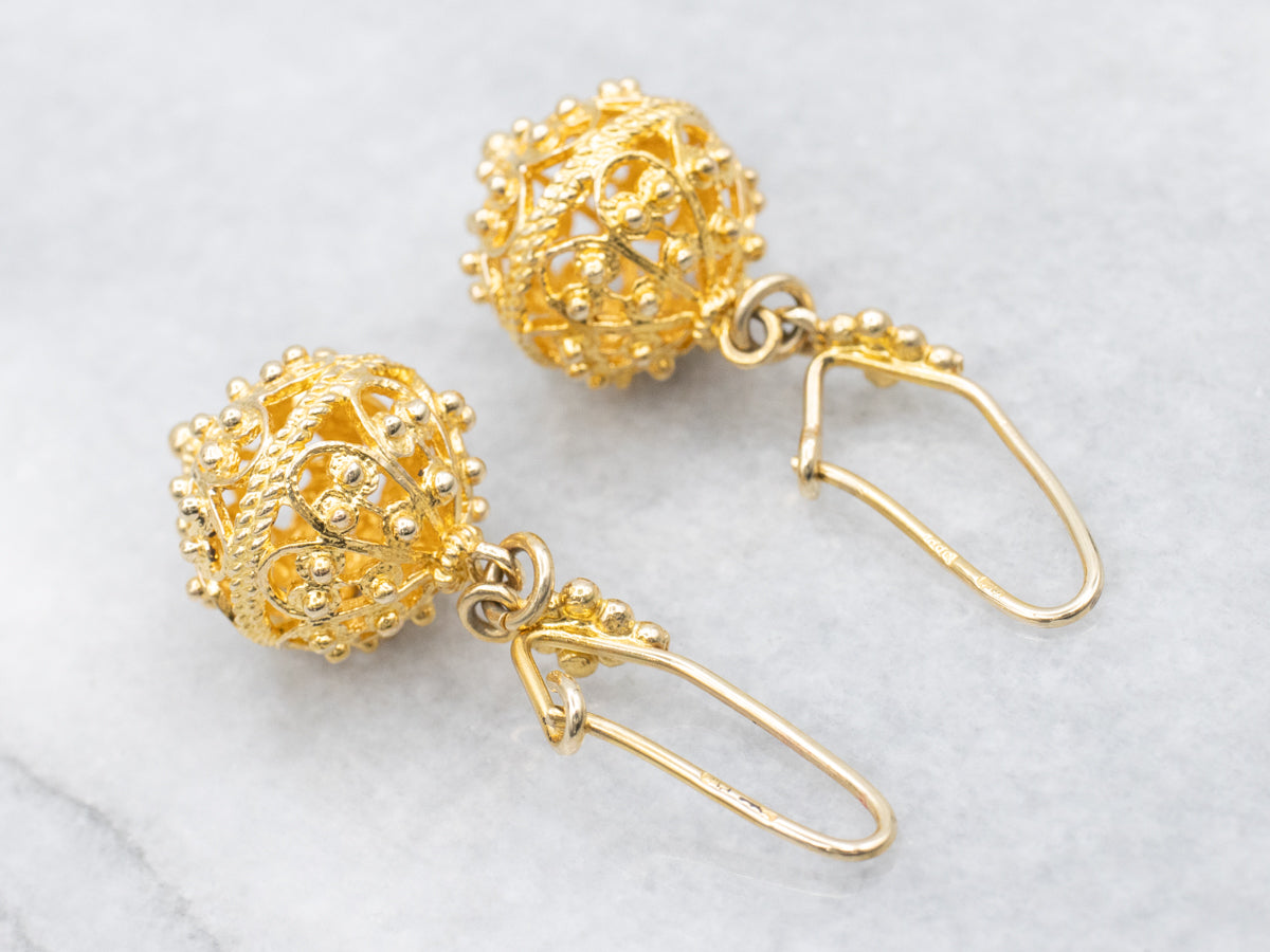 Ornate Gold Filigree and Bead Drop Earrings