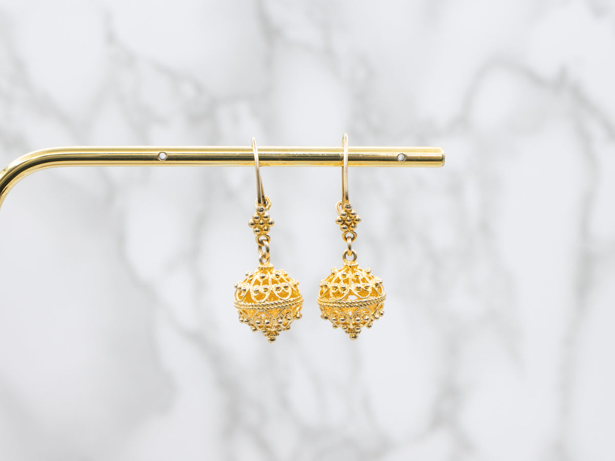 Ornate Gold Filigree and Bead Drop Earrings