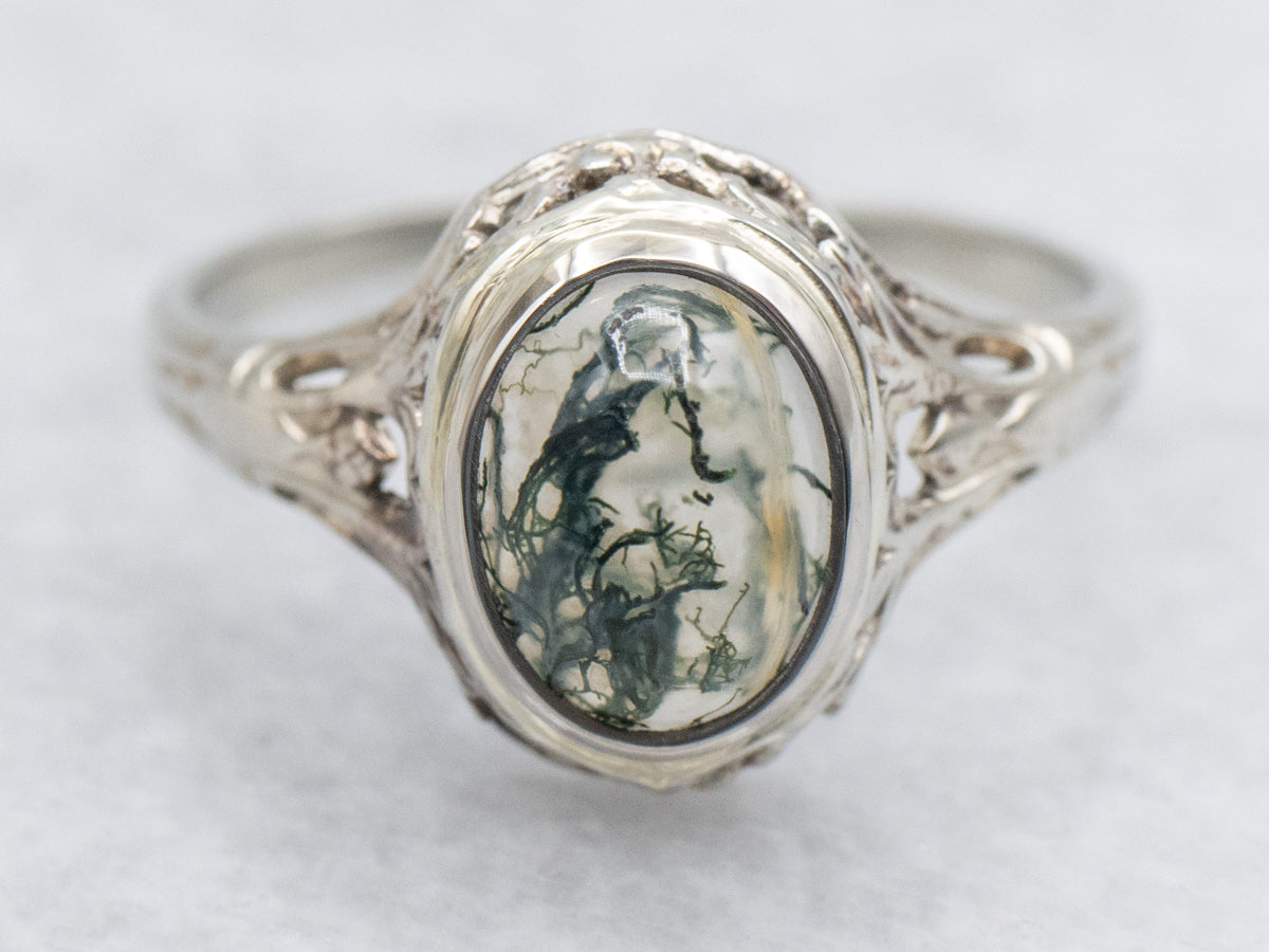Art Deco Moss Agate Cabochon Ring