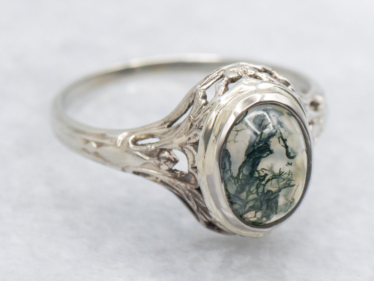 Art Deco Moss Agate Cabochon Ring
