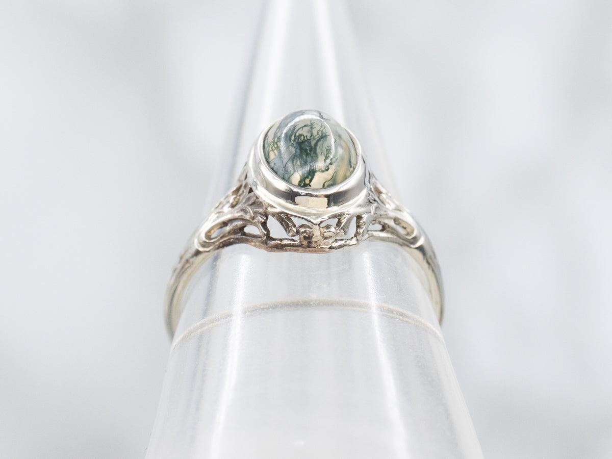 Art Deco Moss Agate Cabochon Ring