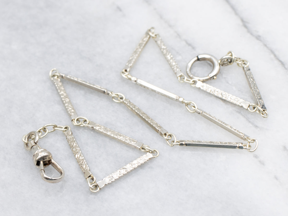 1940s Etched White Gold Bar-Link Pocket Watch Chain