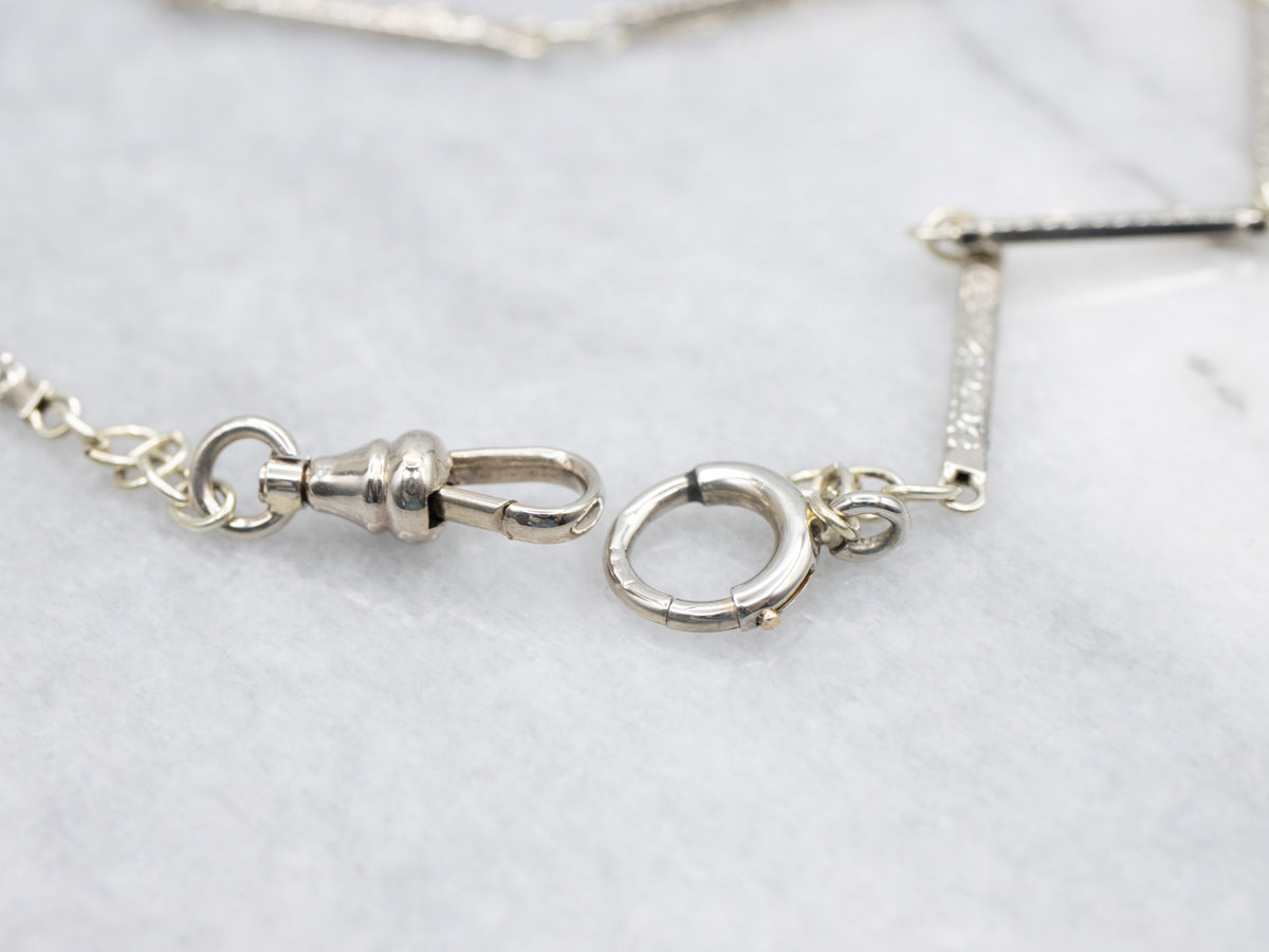 1940s Etched White Gold Bar-Link Pocket Watch Chain