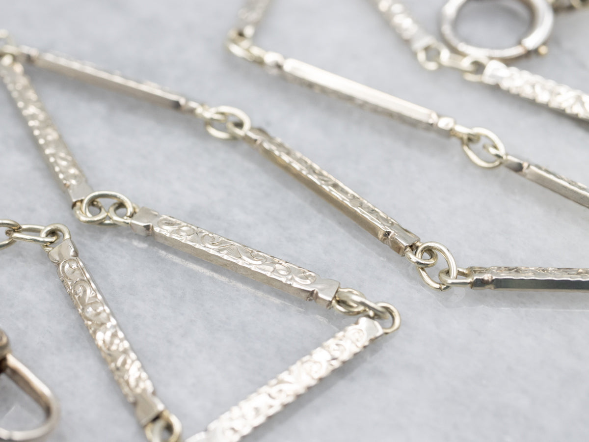 1940s Etched White Gold Bar-Link Pocket Watch Chain