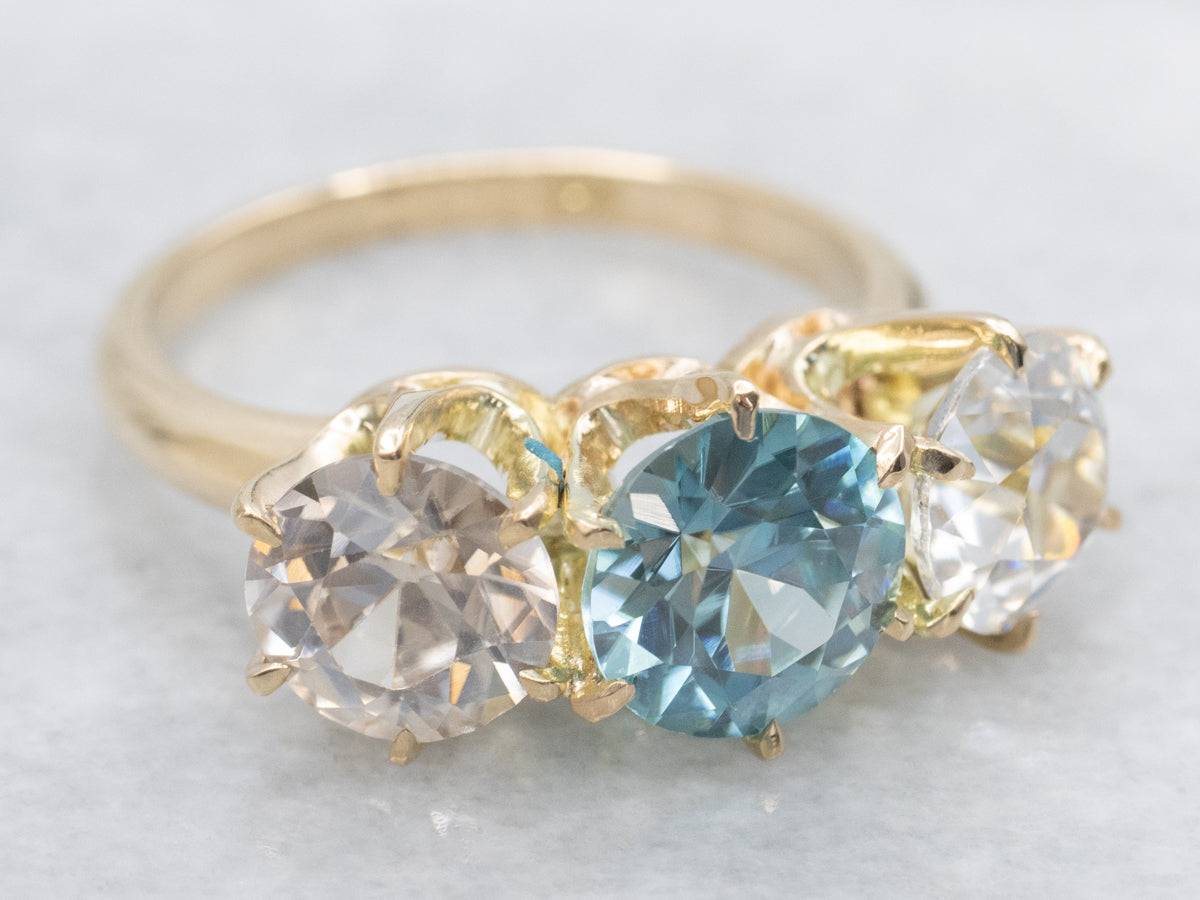 Twinkling Blue and White Zircon Three Stone Ring