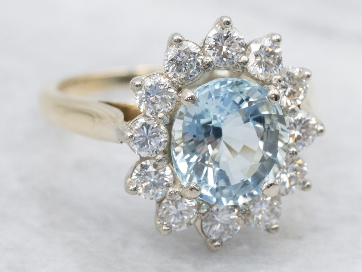 Modern Aquamarine and Diamond Halo Ring
