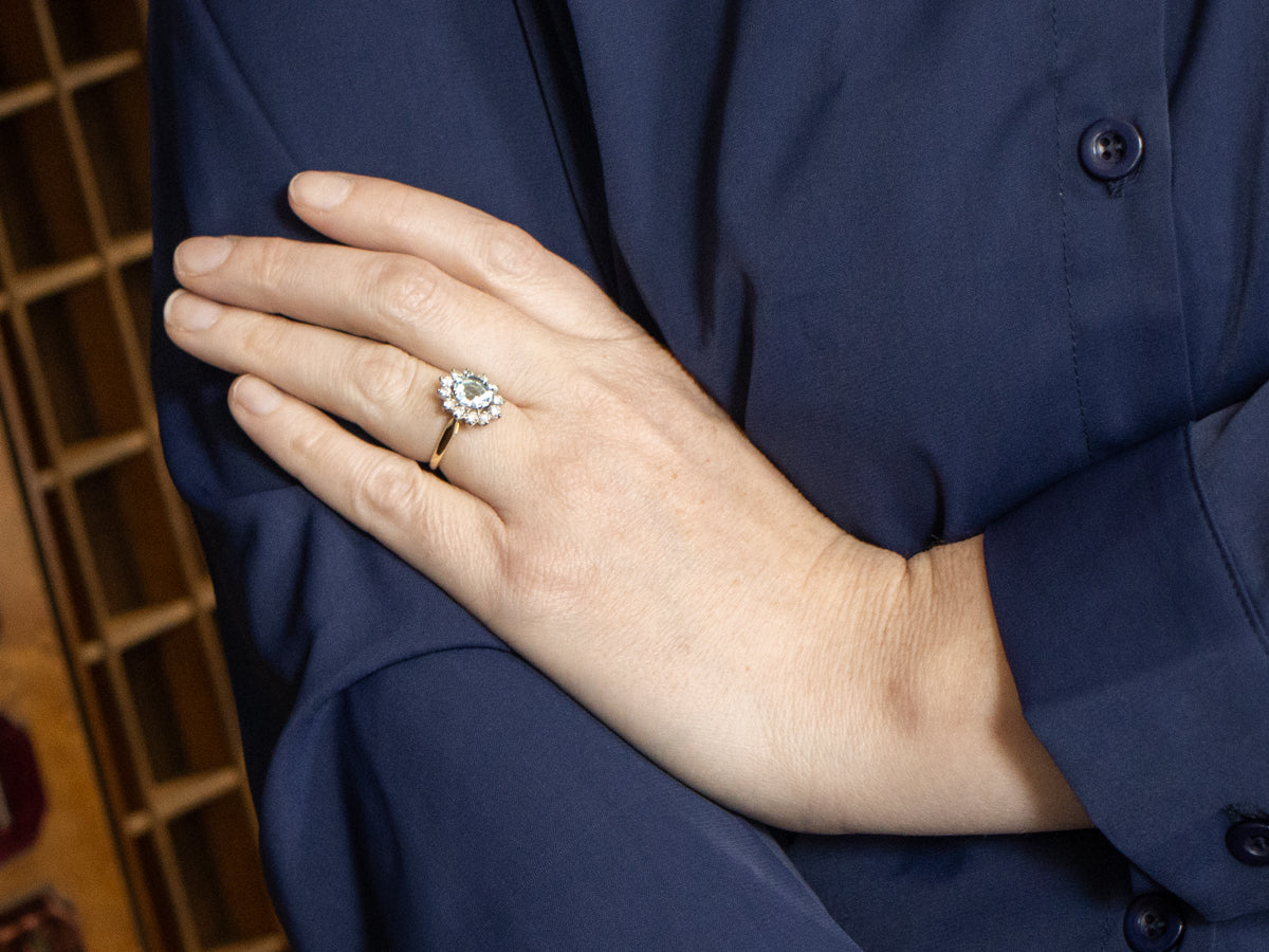 Modern Aquamarine and Diamond Halo Ring