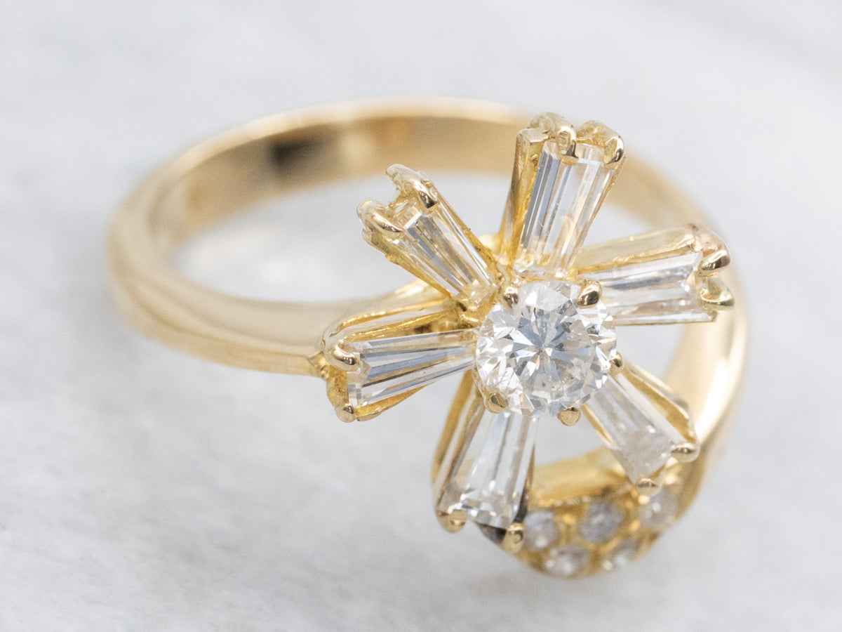 Floral Mixed-Cut Diamond Bypass Ring