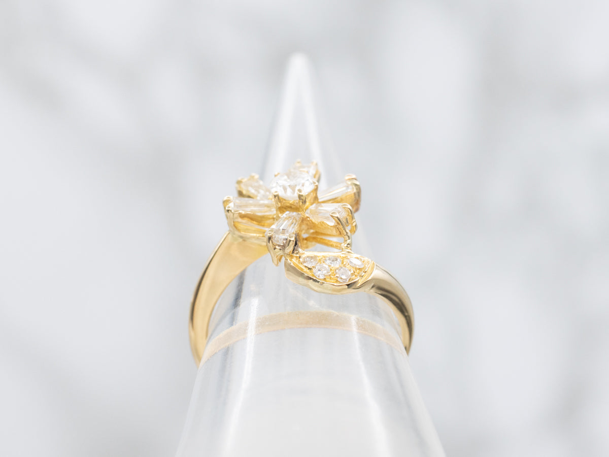 Floral Mixed-Cut Diamond Bypass Ring