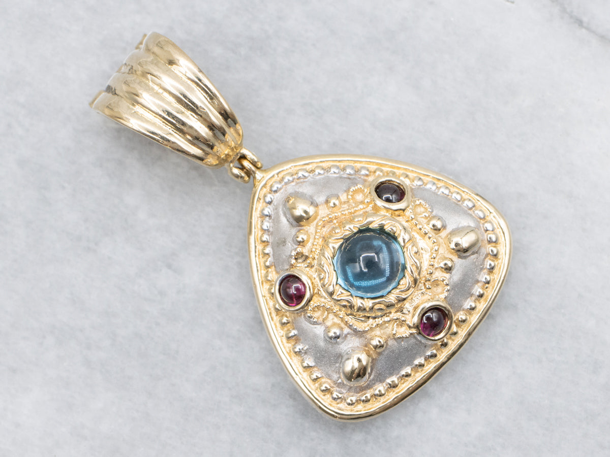 Modern Blue Topaz and Rhodolite Garnet Cabochon Pendant