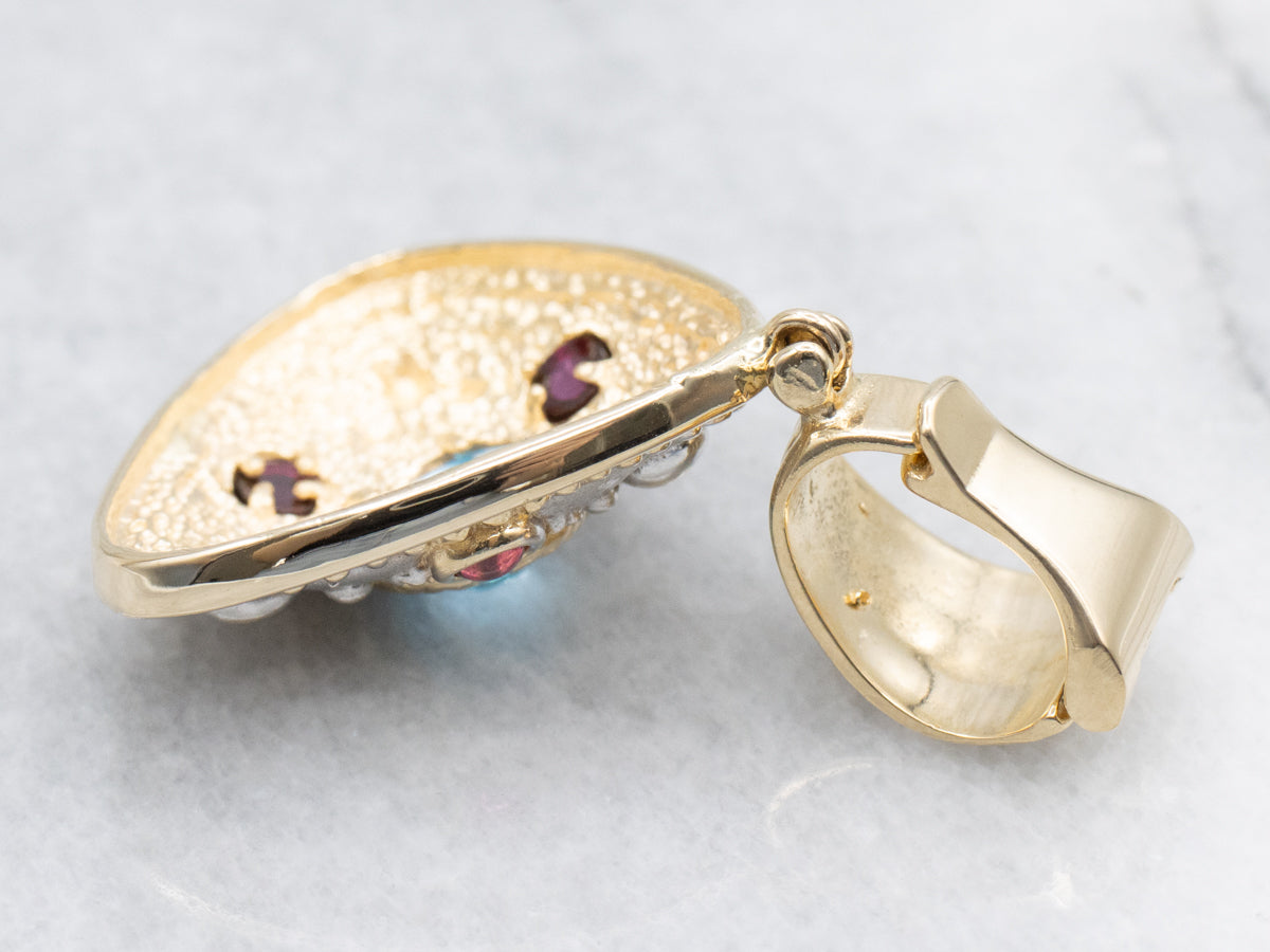 Modern Blue Topaz and Rhodolite Garnet Cabochon Pendant