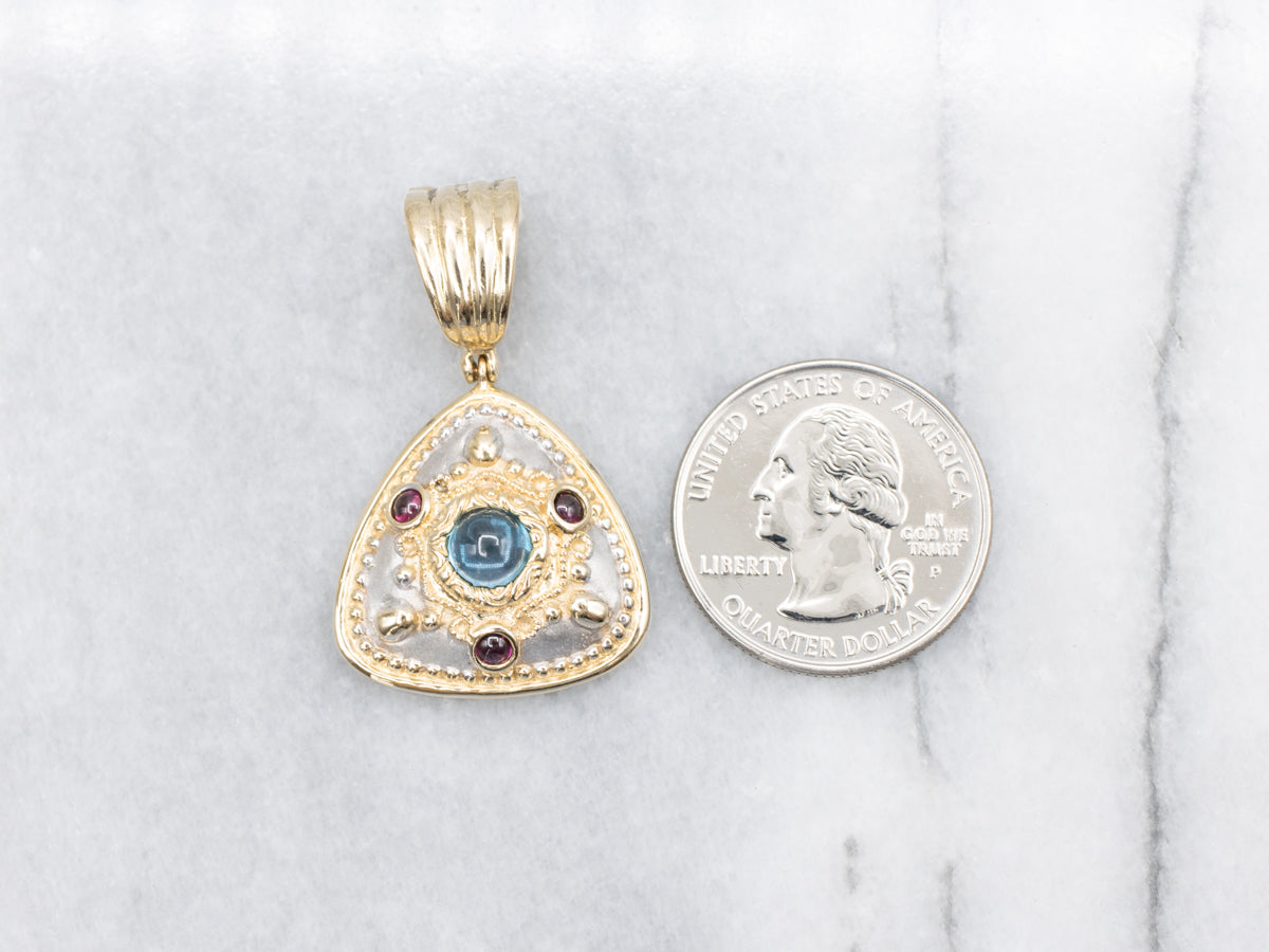 Modern Blue Topaz and Rhodolite Garnet Cabochon Pendant