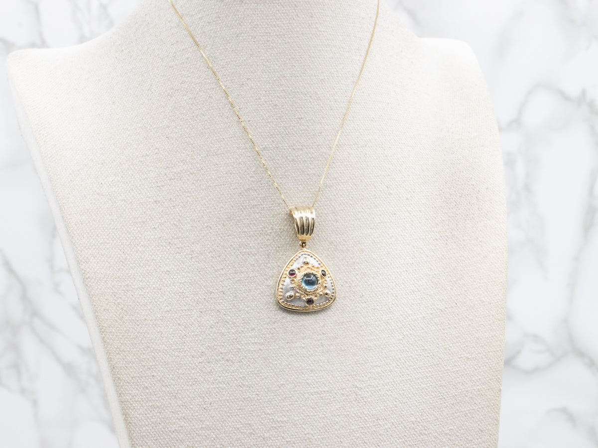 Modern Blue Topaz and Rhodolite Garnet Cabochon Pendant