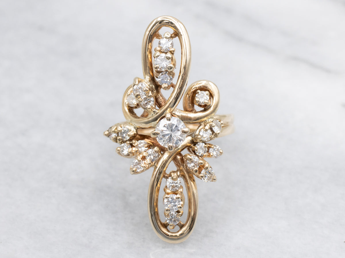 Diamond Cluster Looping Gold Navette Ring