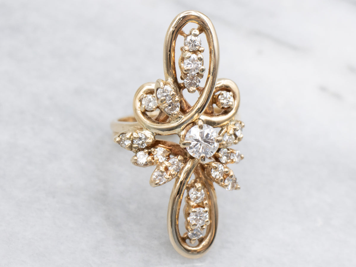 Diamond Cluster Looping Gold Navette Ring