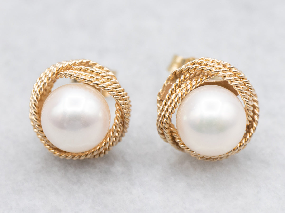Nautical Saltwater Pearl Stud Earrings with Twisted Knot Frame
