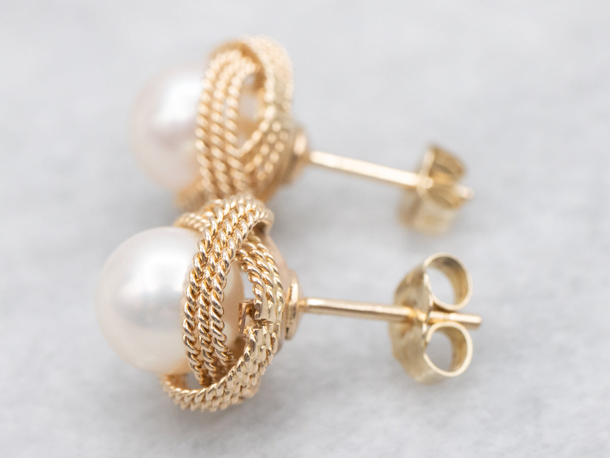 Nautical Saltwater Pearl Stud Earrings with Twisted Knot Frame