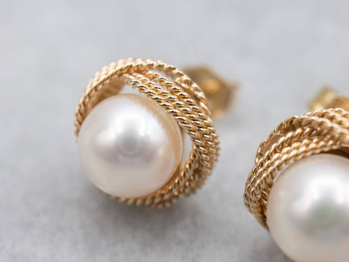 Nautical Saltwater Pearl Stud Earrings with Twisted Knot Frame