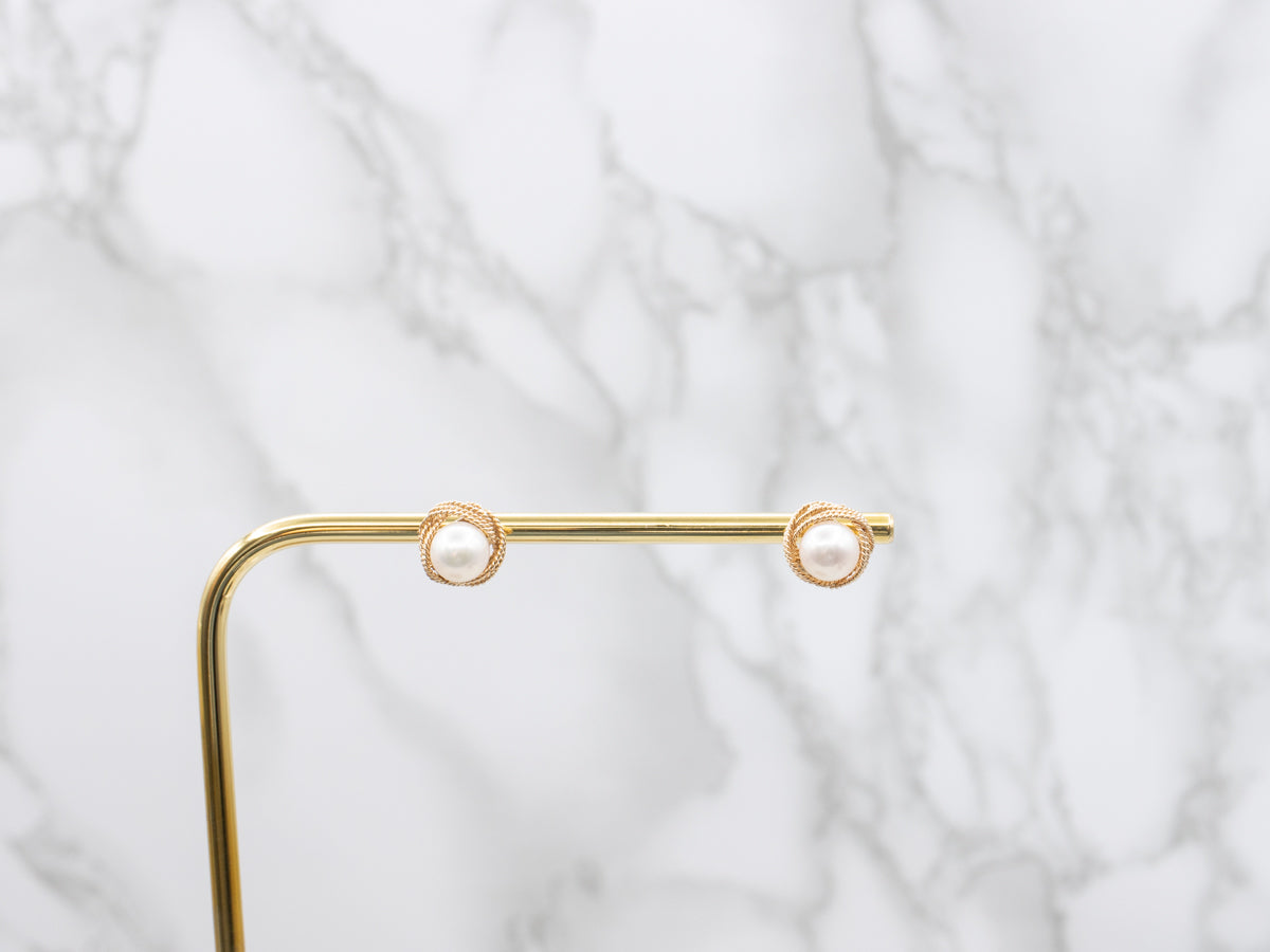 Nautical Saltwater Pearl Stud Earrings with Twisted Knot Frame