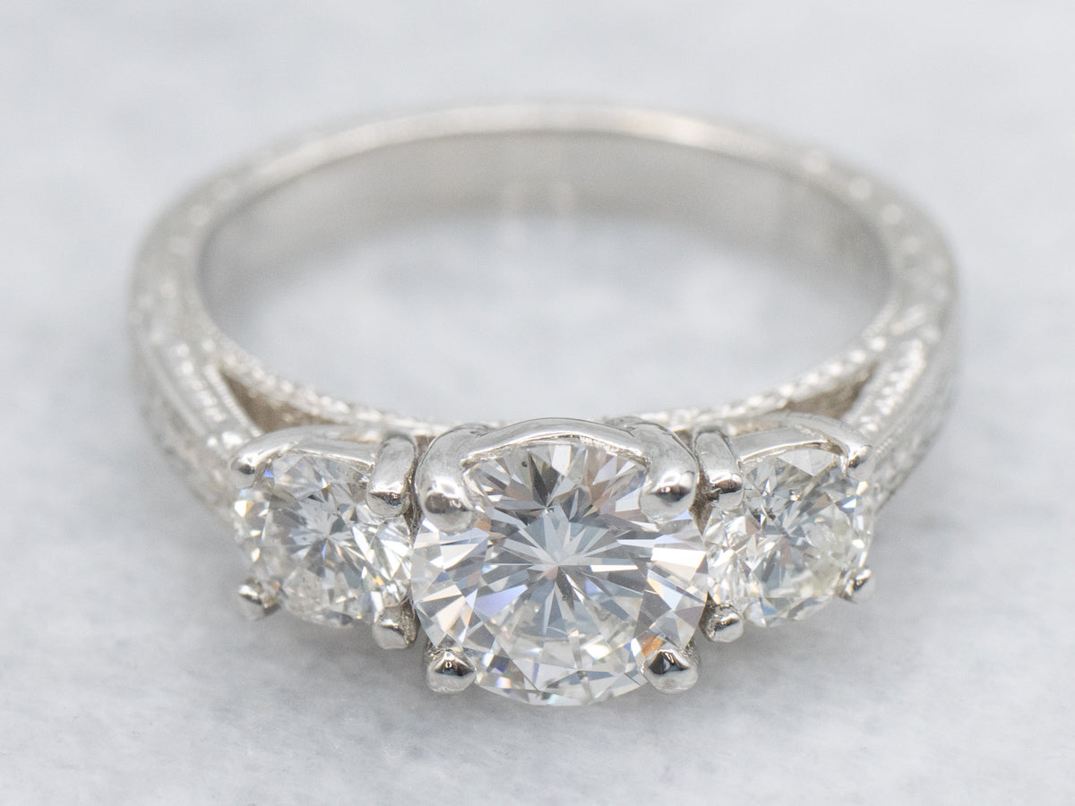 Modern Brilliant Diamond Engagement Ring in Engraved Platinum Setting