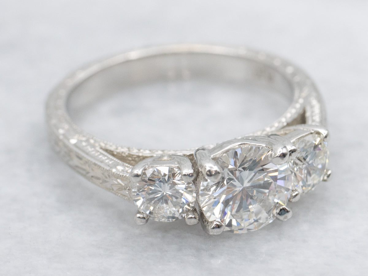 Modern Brilliant Diamond Engagement Ring in Engraved Platinum Setting