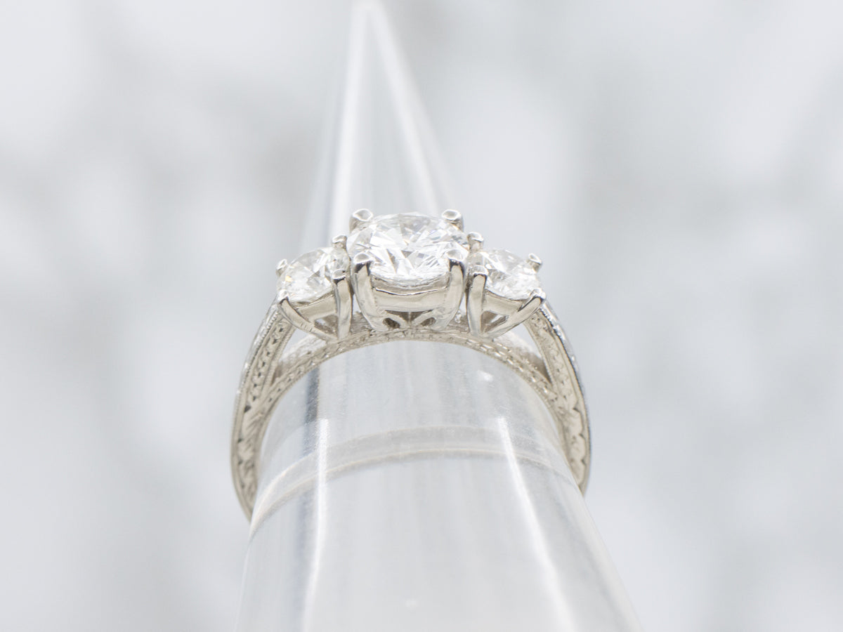 Modern Brilliant Diamond Engagement Ring in Engraved Platinum Setting