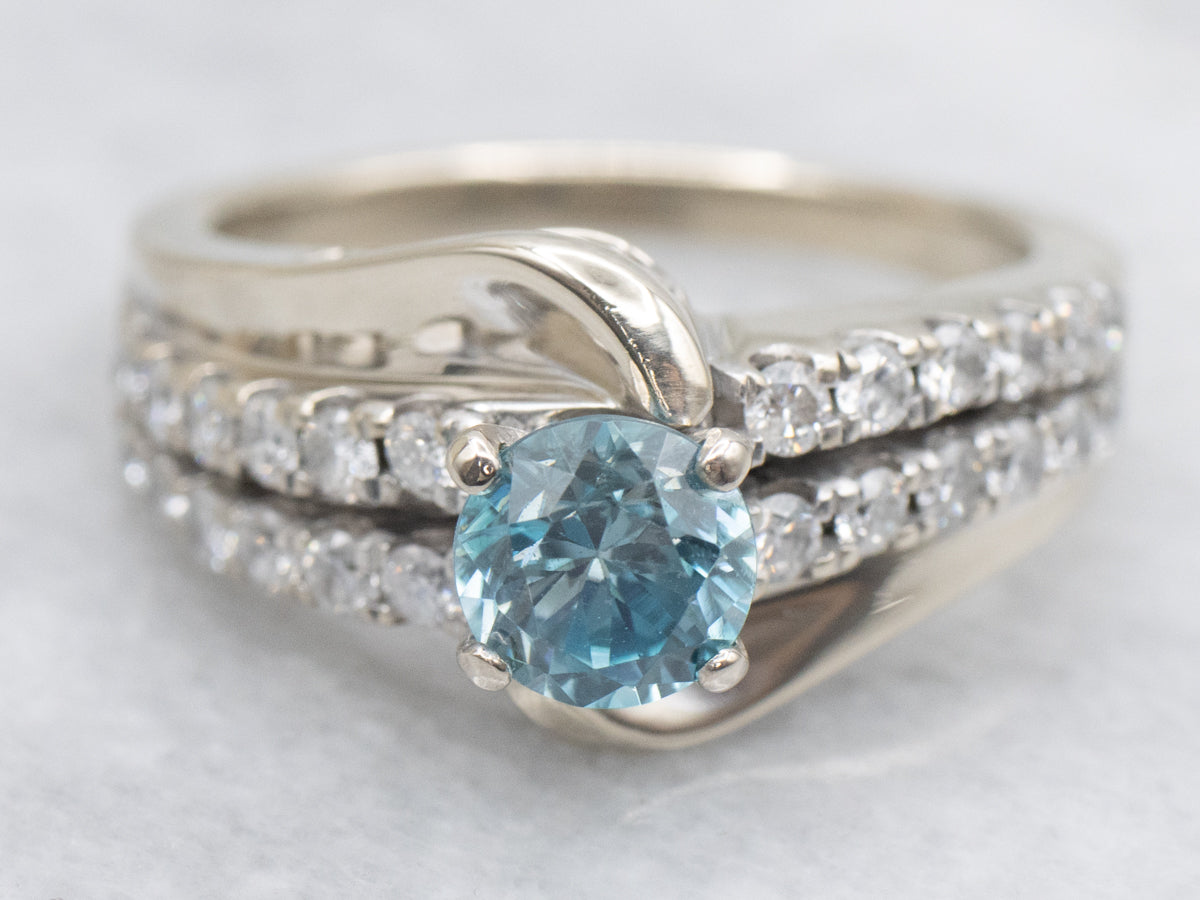 Modern Gold Blue Zircon and Diamond Bypass Ring