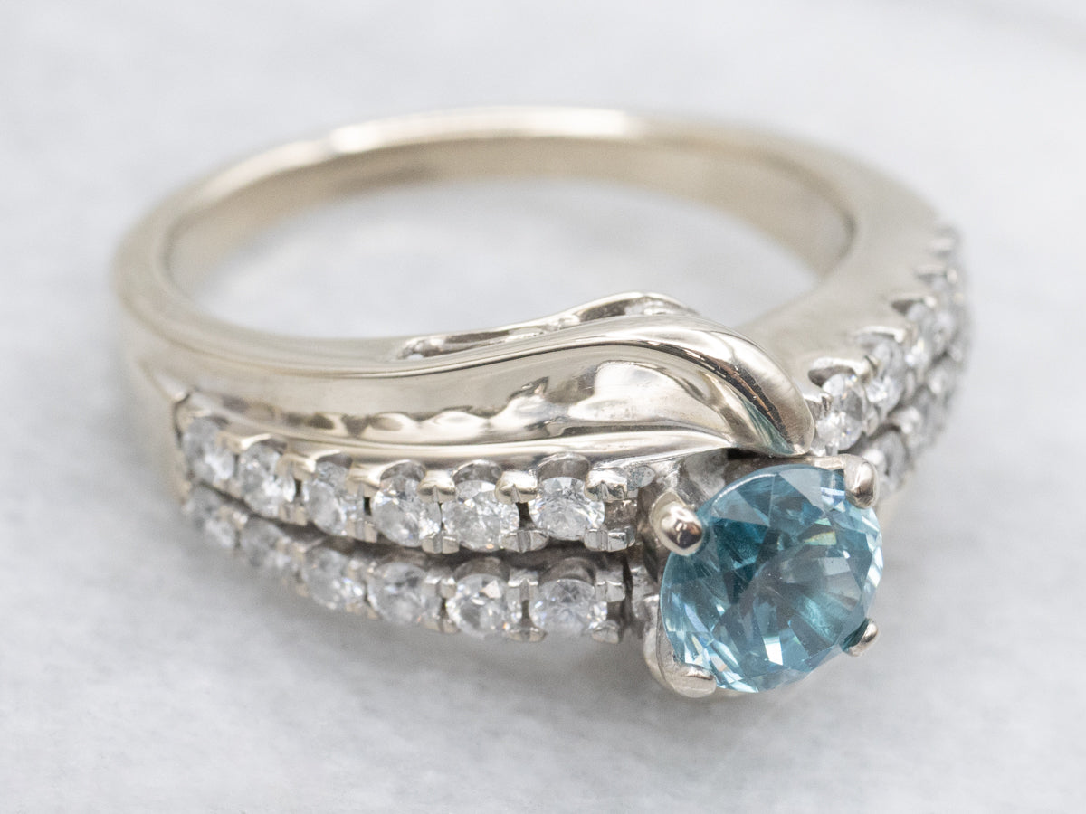 Modern Gold Blue Zircon and Diamond Bypass Ring