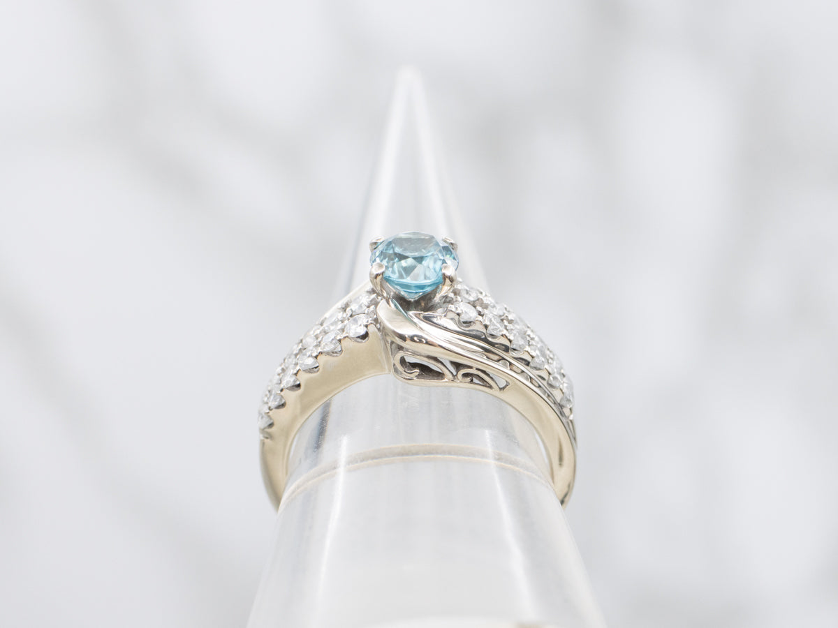 Modern Gold Blue Zircon and Diamond Bypass Ring