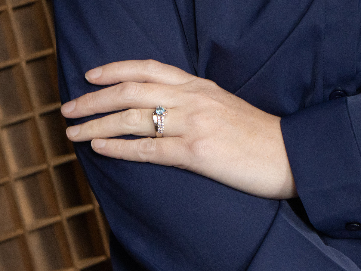 Modern Gold Blue Zircon and Diamond Bypass Ring