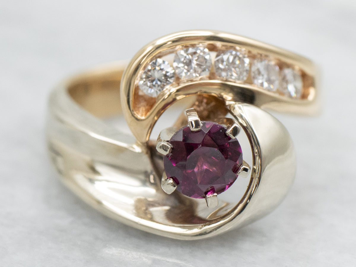 Two Tone Rhodolite Garnet and Diamond Bypass Ring