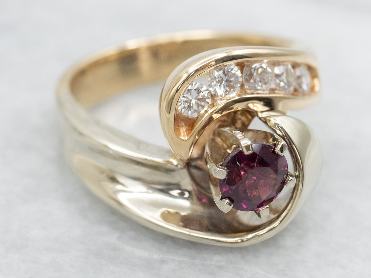 Two Tone Rhodolite Garnet and Diamond Bypass Ring