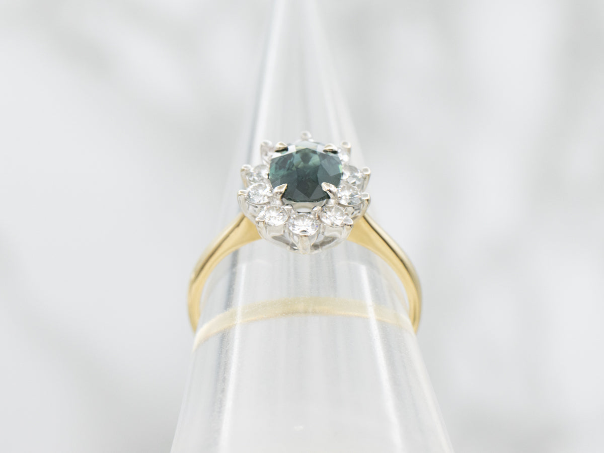 Blue-Green Sapphire and Diamond Halo Engagement Ring