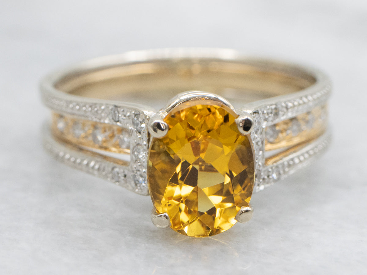 Modern Golden Beryl and Diamond Ring
