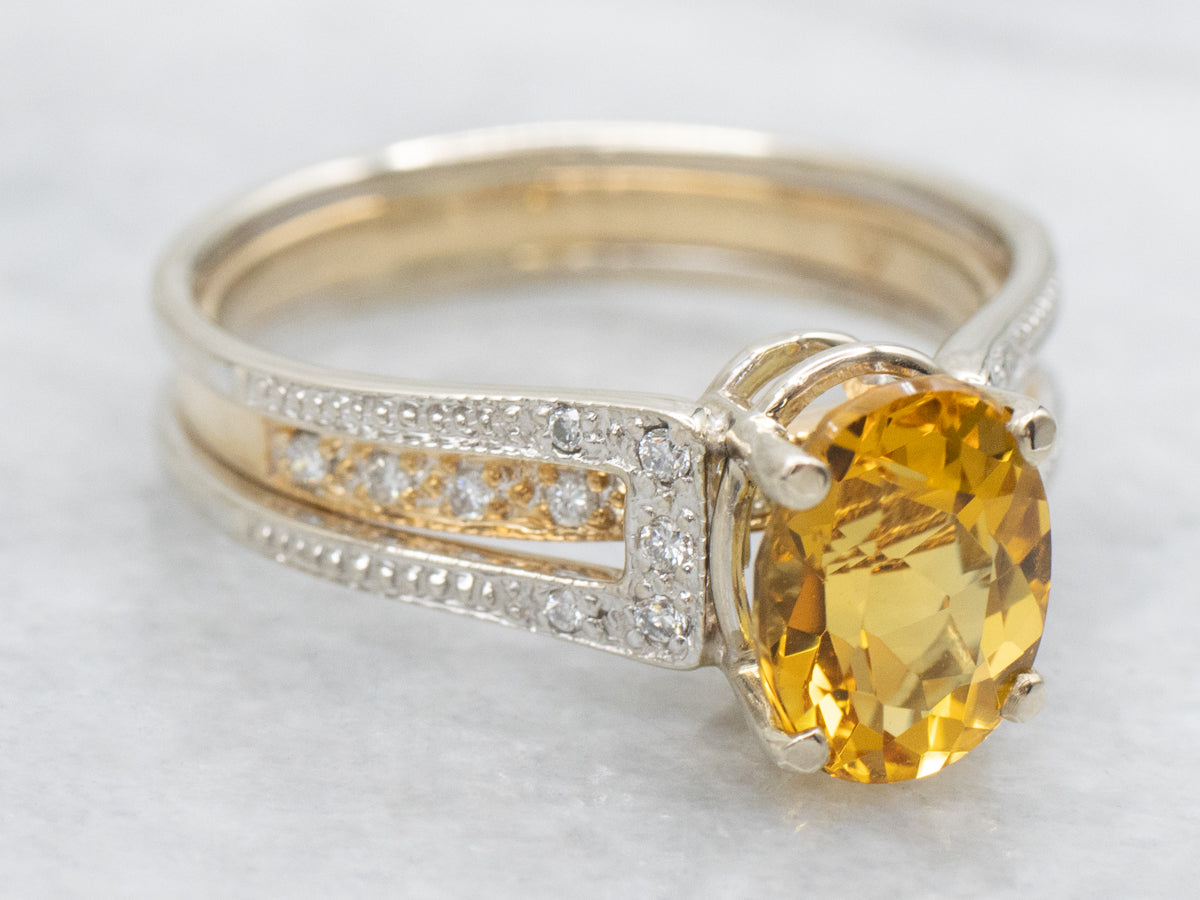 Modern Golden Beryl and Diamond Ring
