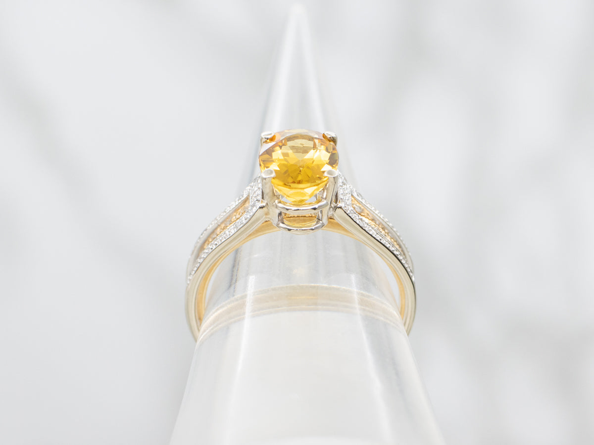 Modern Golden Beryl and Diamond Ring