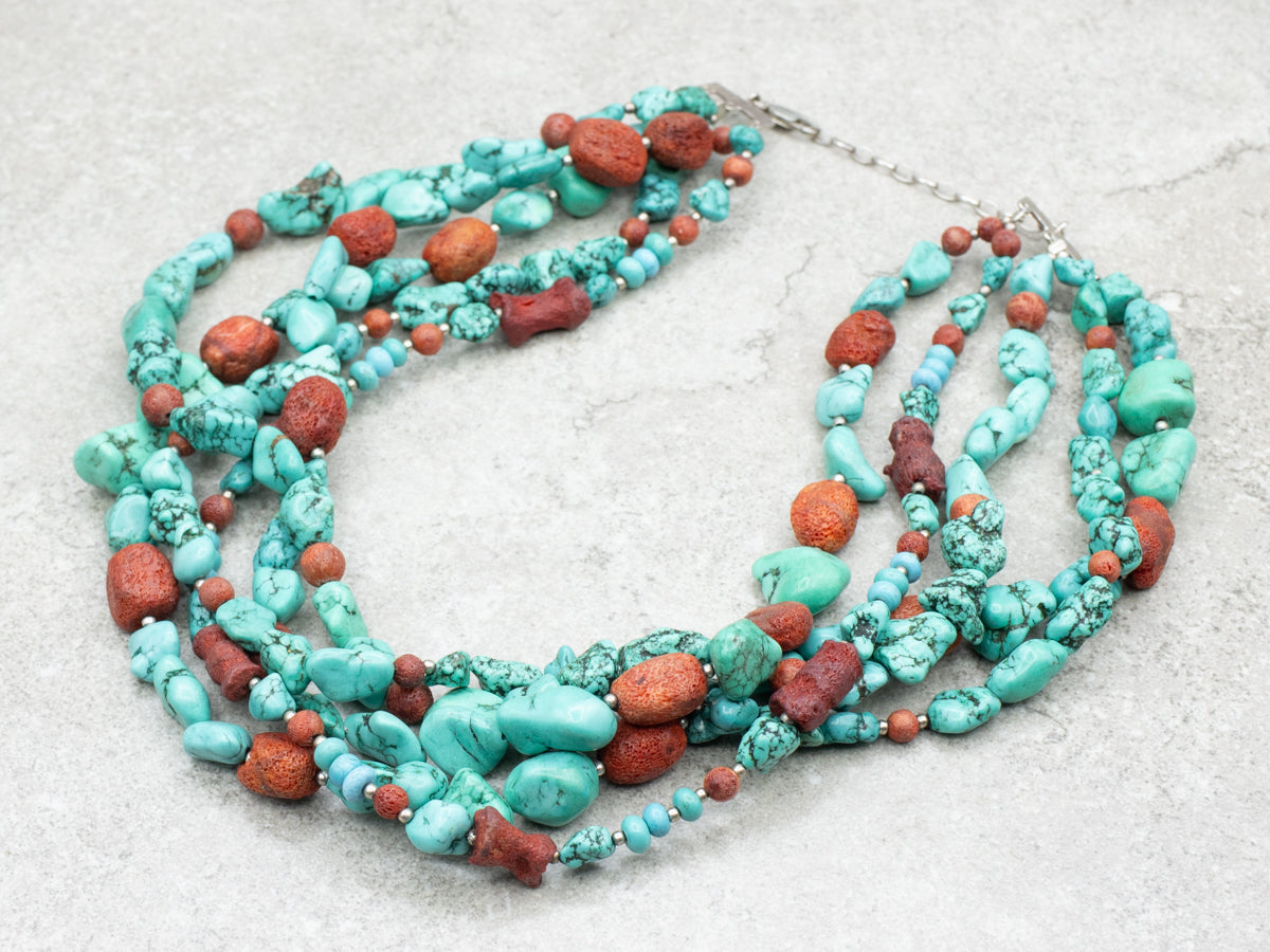 Sterling Silver Multi-Strand Turquoise and Coral Bead Necklace