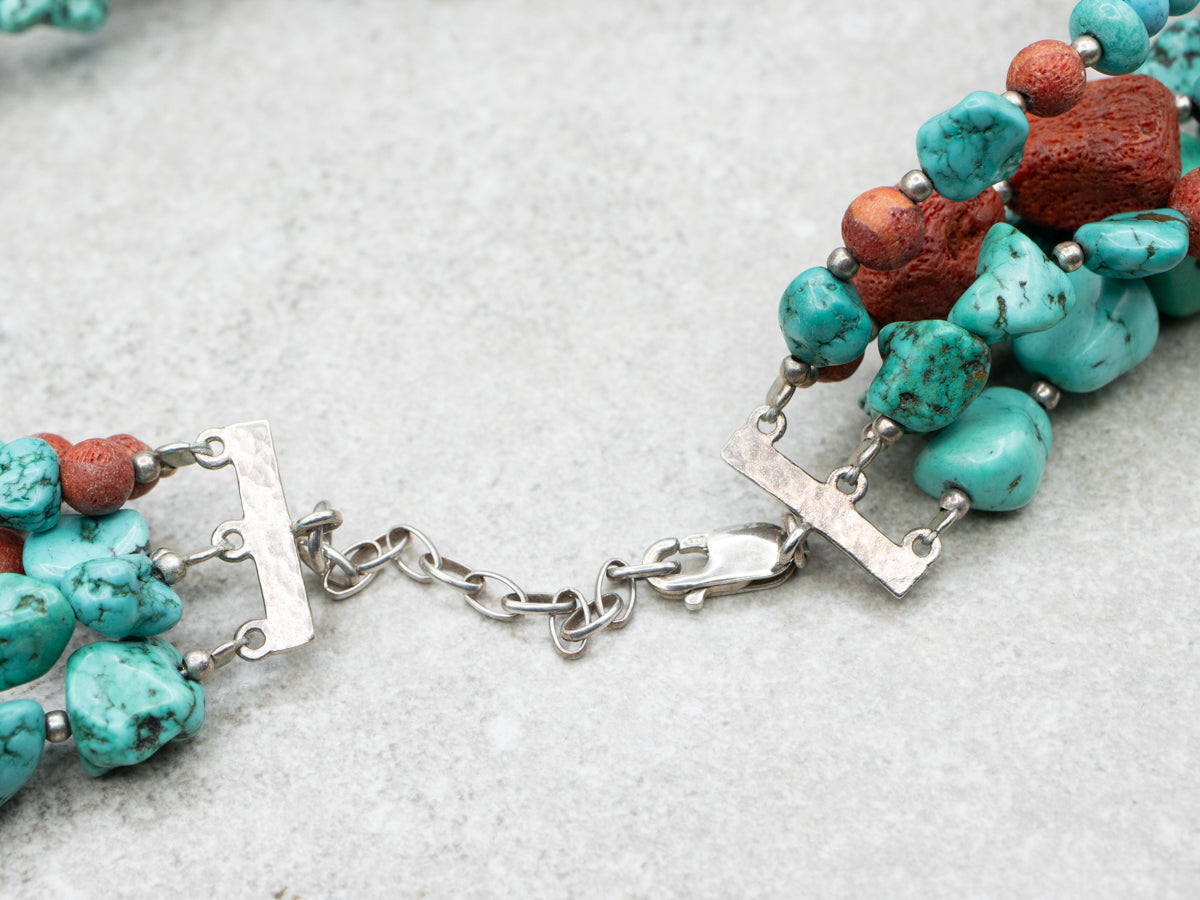 Sterling Silver Multi-Strand Turquoise and Coral Bead Necklace