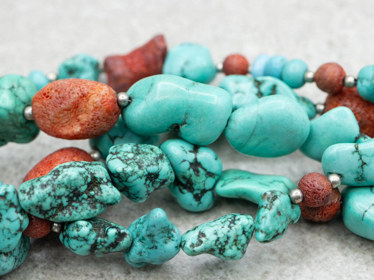 Sterling Silver Multi-Strand Turquoise and Coral Bead Necklace