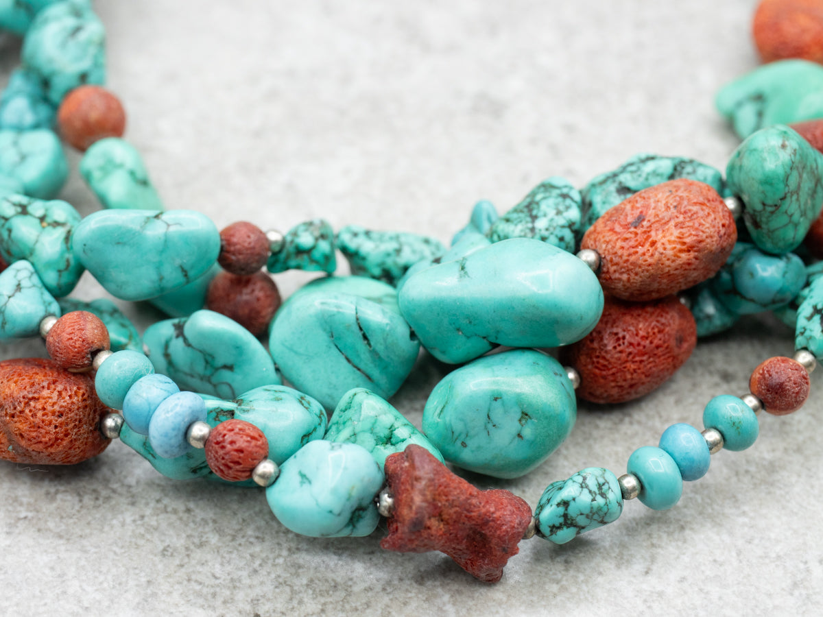 Sterling Silver Multi-Strand Turquoise and Coral Bead Necklace