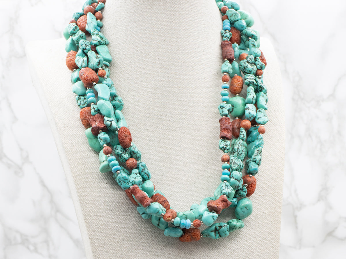 Sterling Silver Multi-Strand Turquoise and Coral Bead Necklace