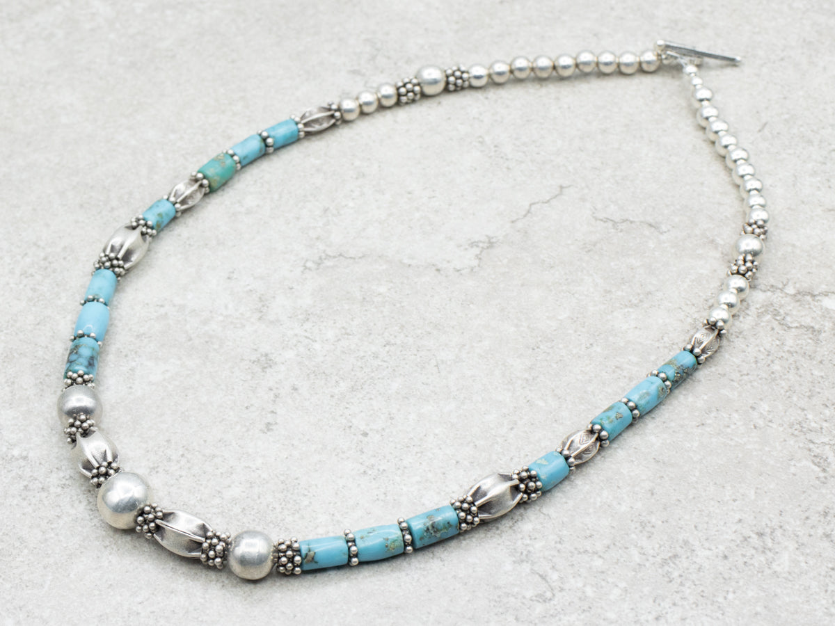 Sterling Silver and Turquoise Beaded Necklace with Toggle Clasp