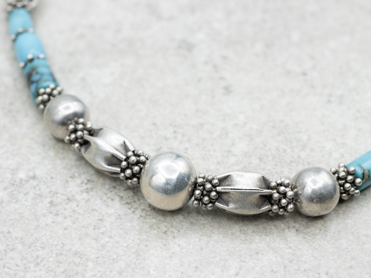 Sterling Silver and Turquoise Beaded Necklace with Toggle Clasp