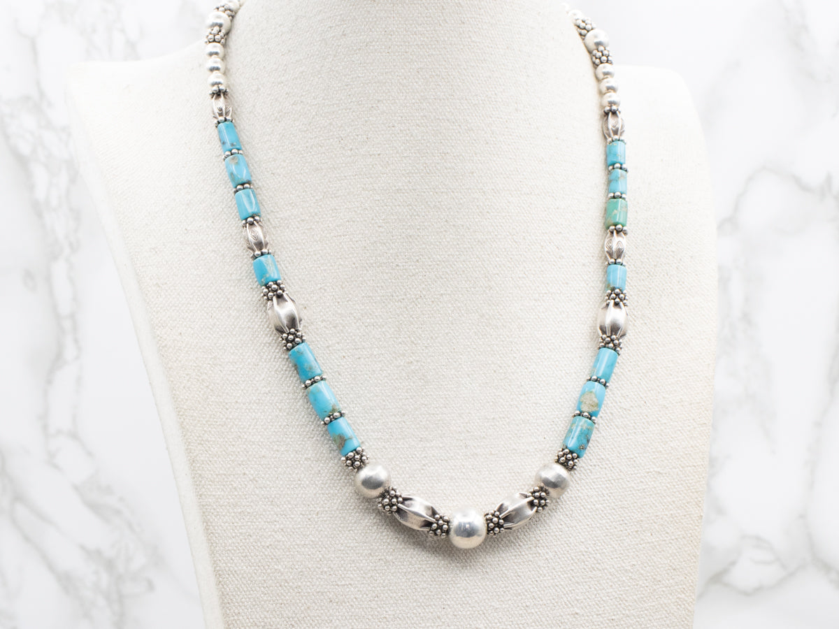 Sterling Silver and Turquoise Beaded Necklace with Toggle Clasp