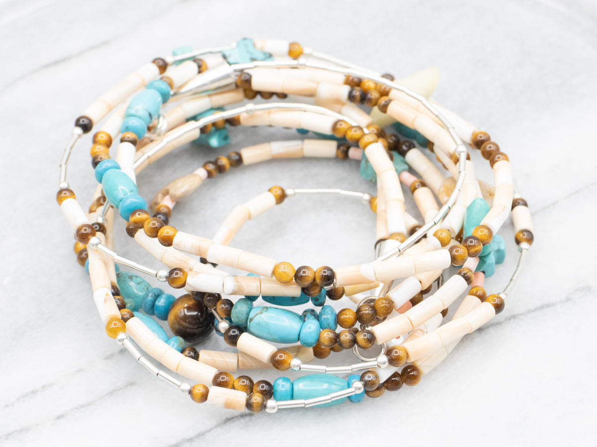 Three-Strand Turquoise and Tiger's Eye Animal Fetish Bead Necklace
