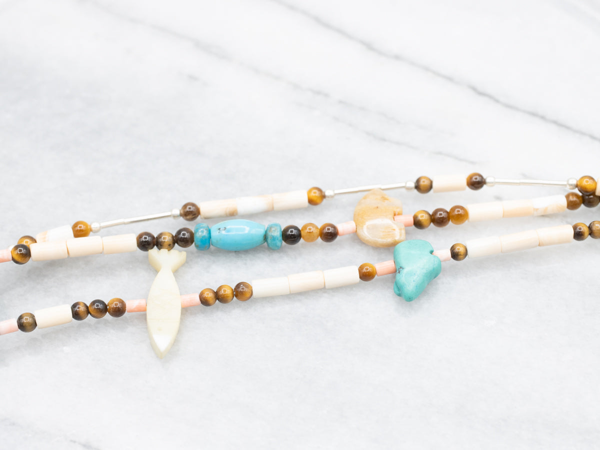 Three-Strand Turquoise and Tiger's Eye Animal Fetish Bead Necklace